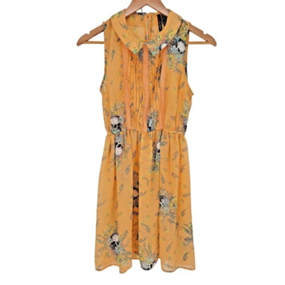 Fire Los‎ Angeles Skull Floral Sleeveless Dress Womens Size S Orange Grunge Y2K